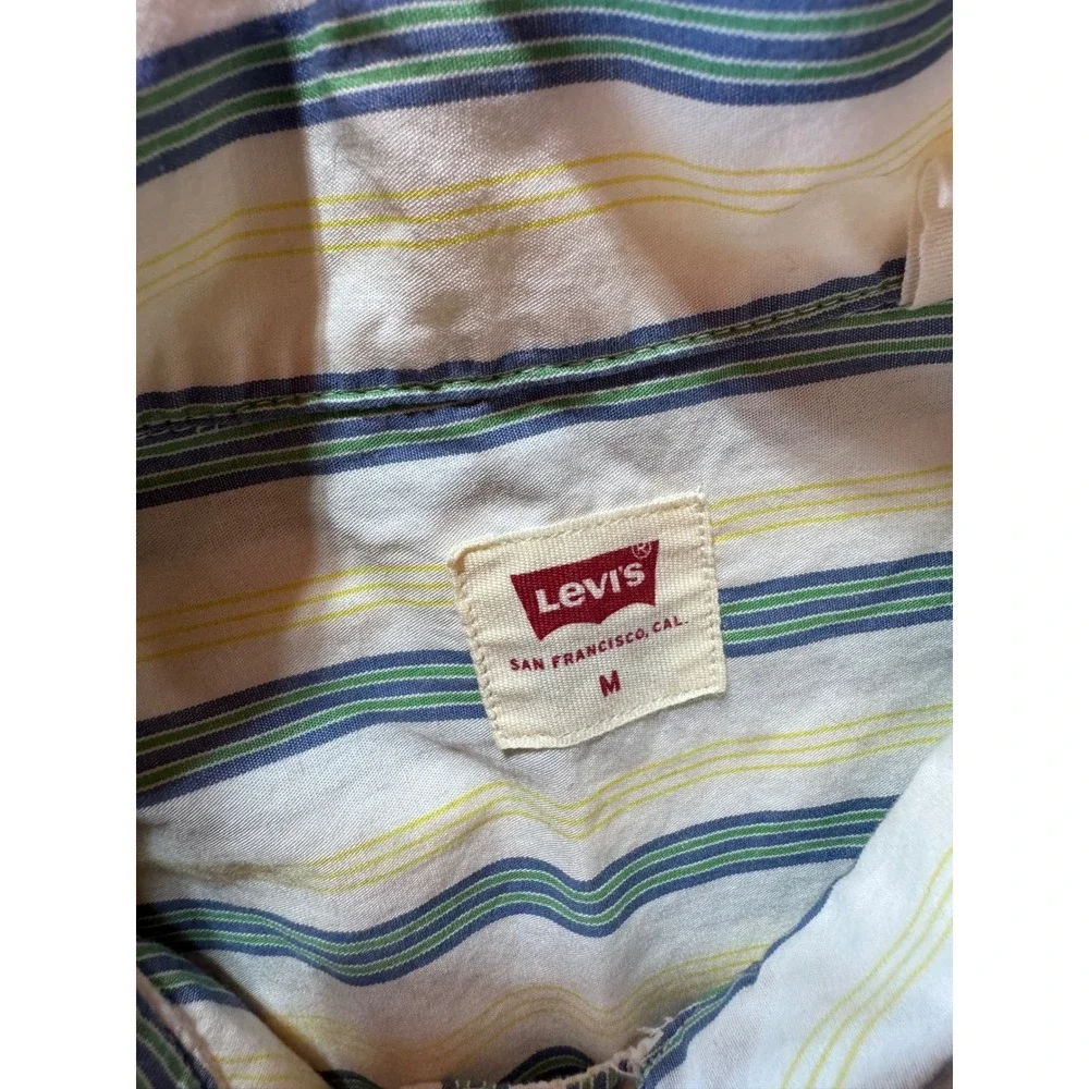 Levis Mens Short Sleeve Button Down Shirt Striped Cotton White Blue Green M